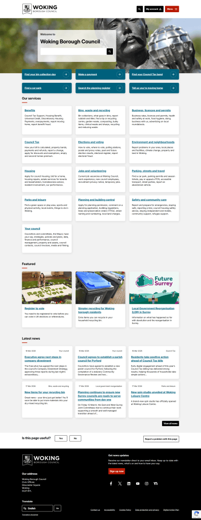 Woking Borough Council's LocalGove Drupal homepage
