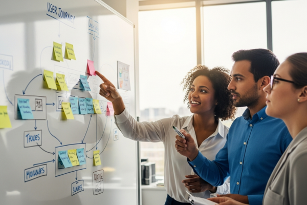 2 colleagues are standing by a notice board, gesticulating towards a number of post-it notes, stuck on the board